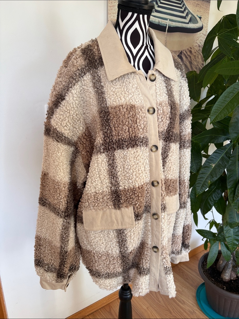 MOON RYDER Plaid Sherpa Teddy Jacket in Khaki Plaid gorgeous - Picture 3 of 6